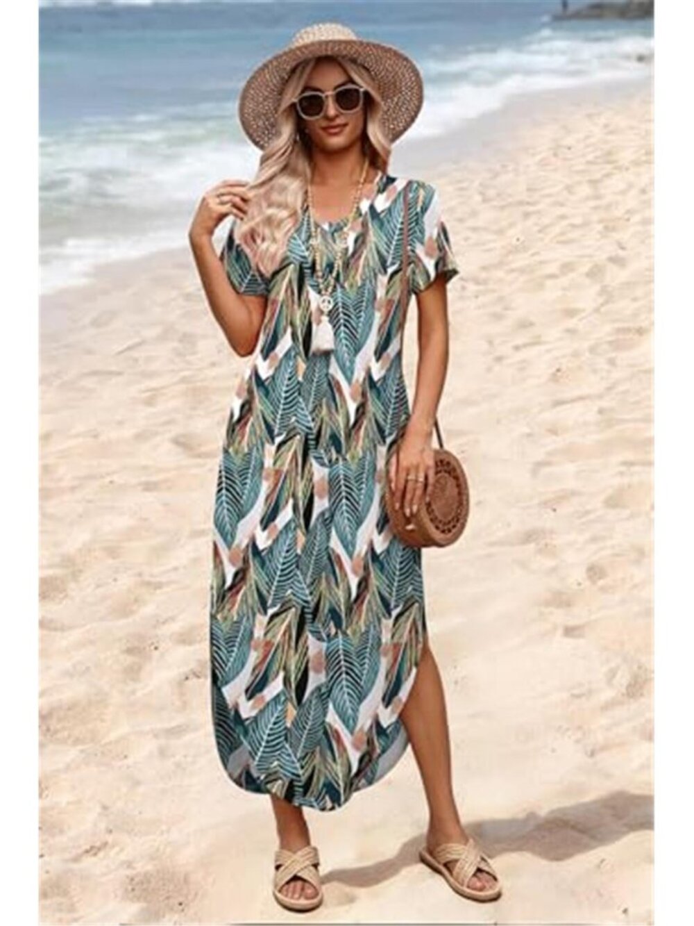 Womens V Neck Midi Dress Side Slit Casual Summer Vacation Beach Dress - Picture 3 of 5